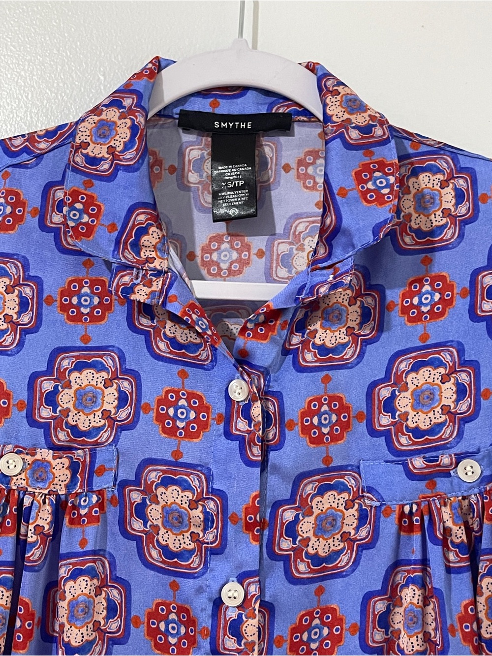 SMYTHE XS Iris Medallion Shirred Pocket Blouse Blue Tile Top - Picture 4 of 10